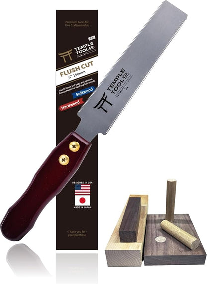 Temple Tool Co. Japanese Flush Cut Saw - 150mm Double Edge Pull Saw for Flush Cutting Dowels, Pegs, Wedges - Hardwood Softwood Hand Saw - Small Wood Saw