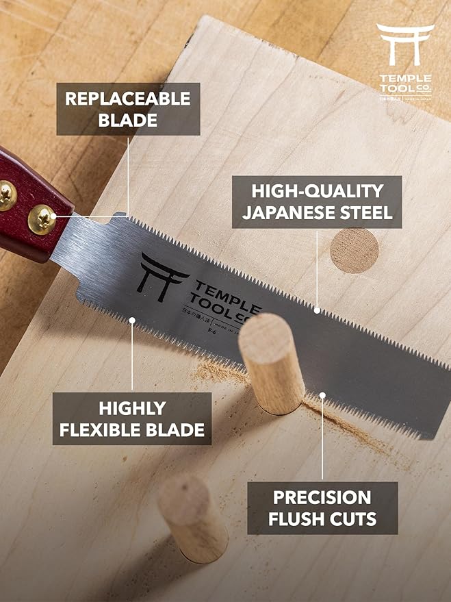 Temple Tool Co. Japanese Flush Cut Saw - 150mm Double Edge Pull Saw for Flush Cutting Dowels, Pegs, Wedges - Hardwood Softwood Hand Saw - Small Wood Saw